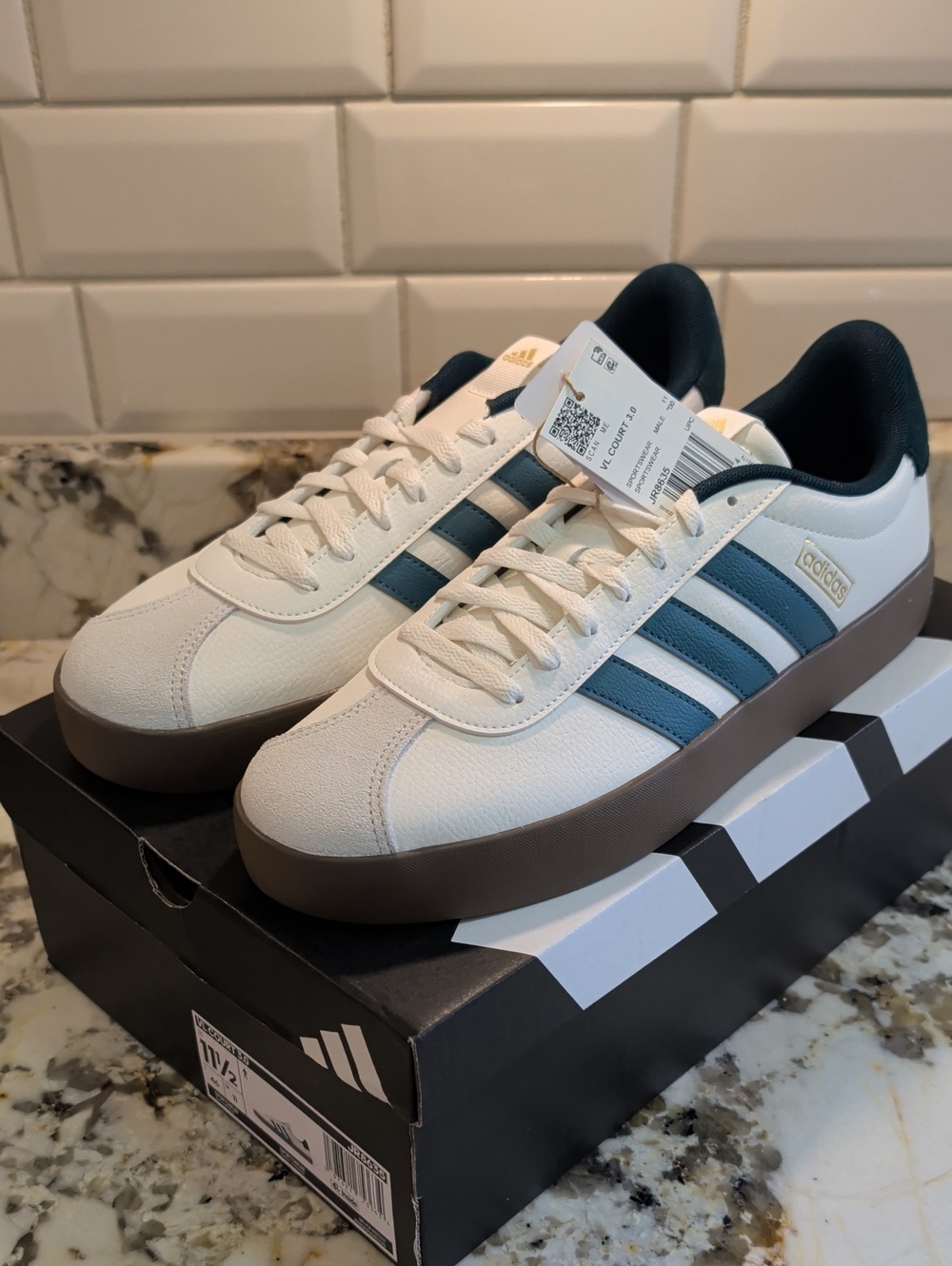 Mens Adidas VL Court 3.0 White Sneakers with Green Stripes JR8635